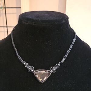 Black Necklace with Silver Chain and Triangular Quartz Pendant